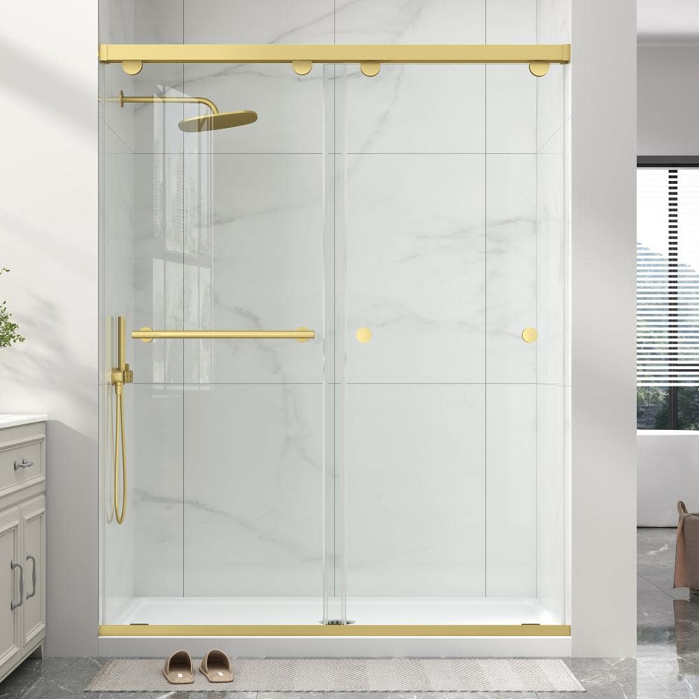 43-48 in. W x 76 in. H Semi-Frameless Double Sliding Shower Door in Brushed Gold with 5/16 in. (8mm) Clear Glass price history on PriceWatchPro