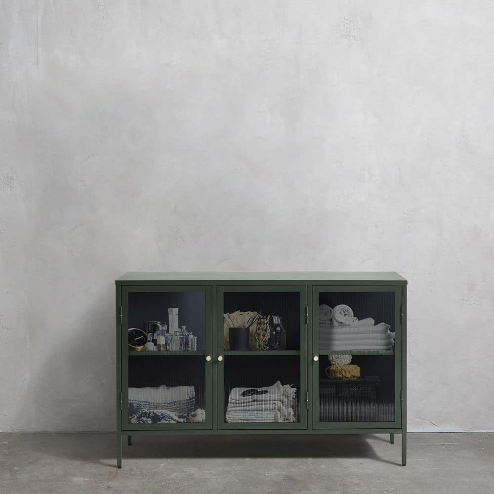 Green Steel and Glass 52'' Sideboard with Gold Hardware
