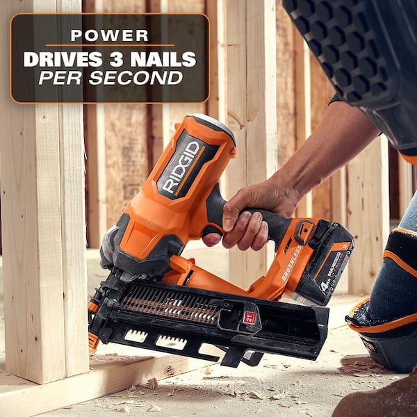 RIDGID 18V Brushless Cordless 21° 3-1/2 in. Framing Nailer Kit with 4.0 Ah  Battery and Charger R09894KN - The Home Depot