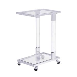 17.72 in. Chrome C-Top Glass Side Table with Casters, 2-Tier Acrylic End Table for Living Room, Bedroom