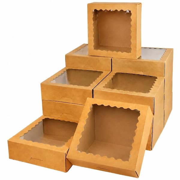 55 Piece Set of Brown Auto-Pop Up Pie and Bakery Boxes with Window 8x8x2.5 Inches for Cookies and Macaroons