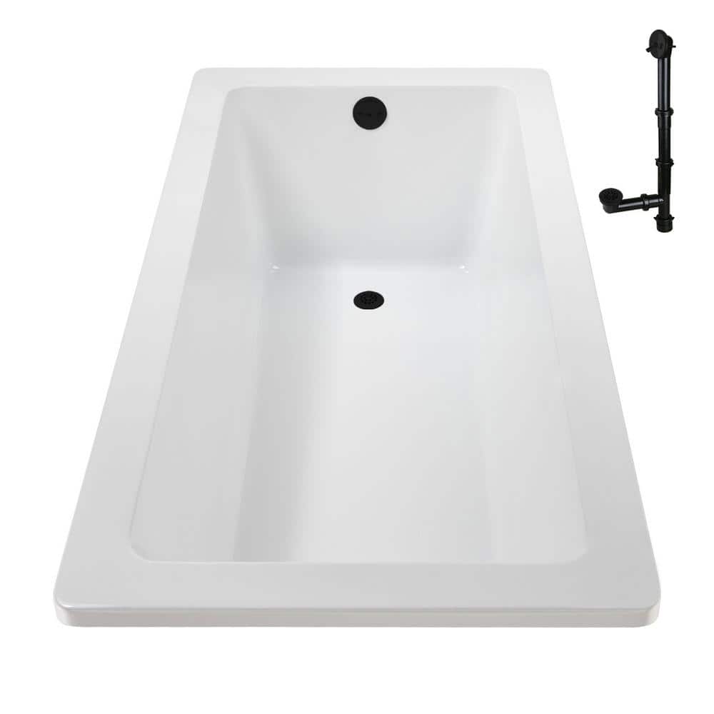 66" x 34" Glossy White Acrylic Soaking Drop-In Bathtub with Matte Black Trim