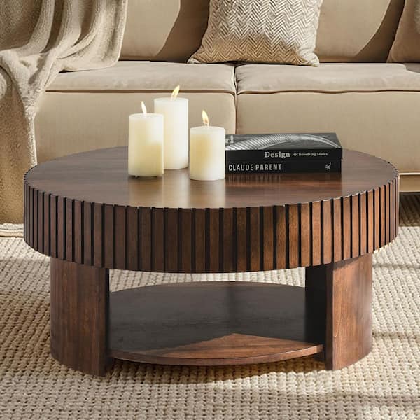 Roland 31.25 in. Walnut Round Wood Coffee Table with Fluted Design