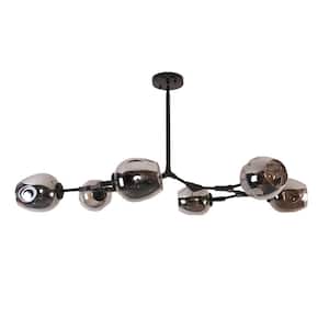 6-Light Smoky Grey Modern Linear Chandelier with Black Adjustable Arms and Glass Shades