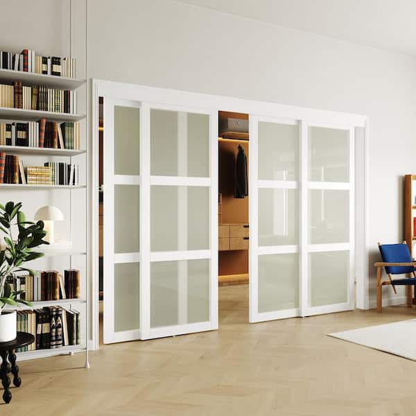 120in x 80in (Double 60" Doors) MDF, White Double Frosted 3 Panel Glass Sliding Door with All Hardware