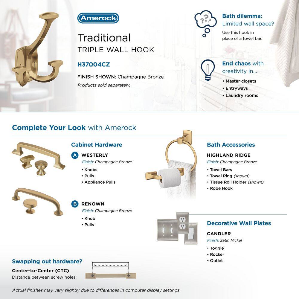 Champagne Bronze Triple Prong Decorative Wall Hook