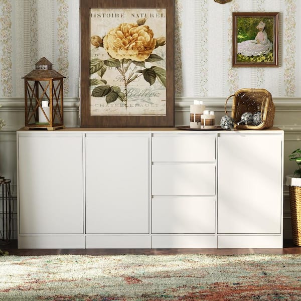 White Sideboard Buffet Cabinet with 3 Doors and 3 Drawers, 70.9in. Chest of Drawers Bedroom Storage Organizer