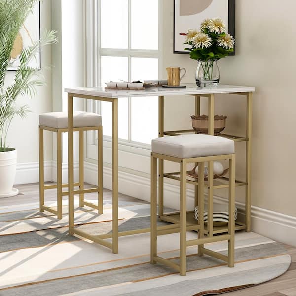 Urtr 3 Piece Faux Marble Top White Bar Table Set Pub Dining With 2 Upholstered Stools Open Storage Shelves T 01055 K Faux Marble Top White Bar Table Set, Faux Marble Pub Table And Chairs