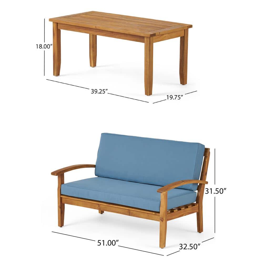 Acacia Wood Loveseat and Coffee Table Set with Blue Cushions