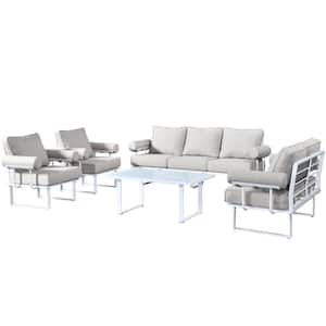 Havasu White 5-Piece Aluminum Outdoor Patio Conversation Sofa Set with Beige Cushions