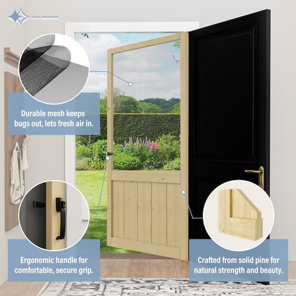 36 in. x 80 in. Rustic Style Universal Paneled Unfinished Pine Wood and Gauze Mesh Hinged Screen Door with Lock