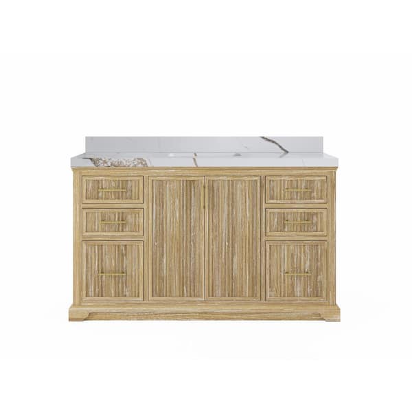 Willow Collections Alys Teak 60 in. W x 22 in. D x 36 in. H Single Sink Bath Vanity in Whitewashed with 2 in. Calacatta Gold qt. Top
