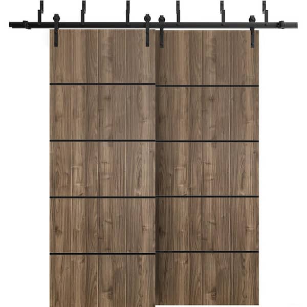 72 in. x 80 in. 2 Panel Walnut Solid Wood with Honeycomb Sliding Barn Door with Hardware Kit