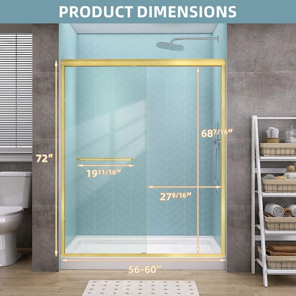 60 in. W x 72 in. H Double Sliding Semi-Frameless Shower Door in Matte Brushed Gold with 1/4 in. Clear Glass