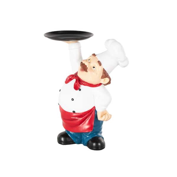 Litton Lane White 9 in. x 12 in. Polystone Kitchen Decorative Figurine Chef Sculpture with Black Tray