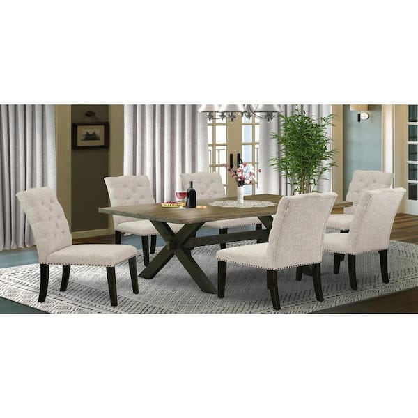 East West Furniture 7-Piece Rectangle Natural Oak Finish Solid Wood Top Dining Set with 1 table and 6 Upholstered-Chairs with Lattice Back