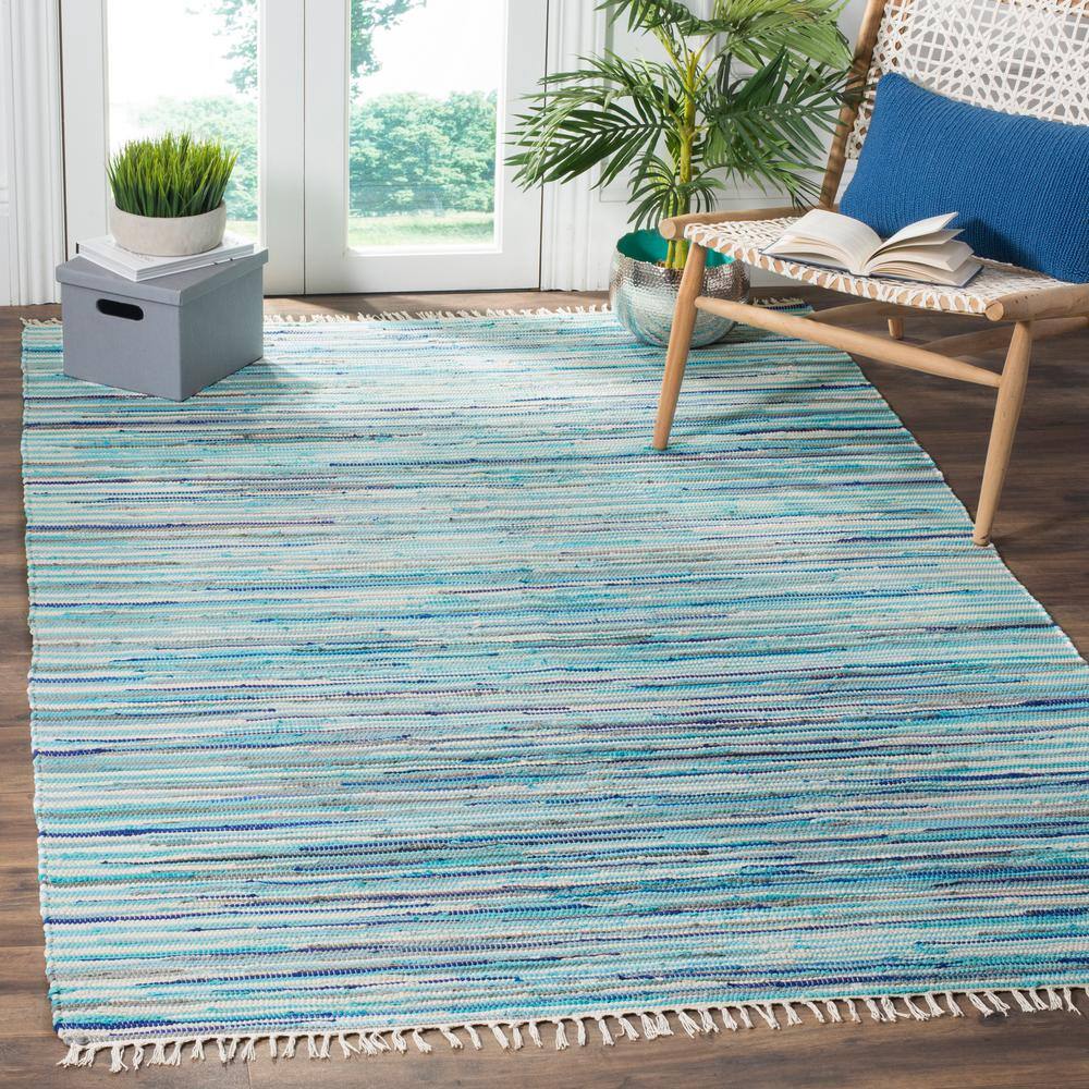 Turquoise and Multicolor Handmade Cotton Striped Area Rug, 8' x 10'