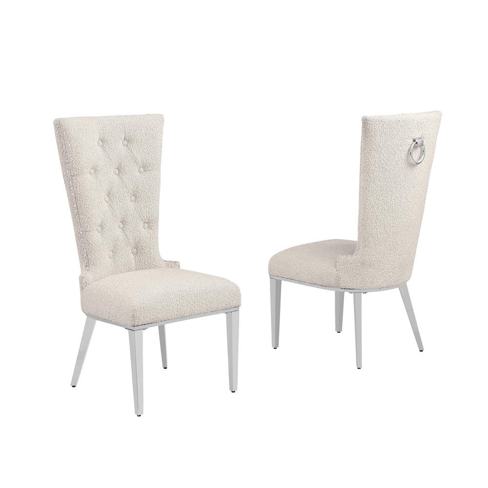 Elegant Cream Boucle Upholstered Side Chair with Silver Legs