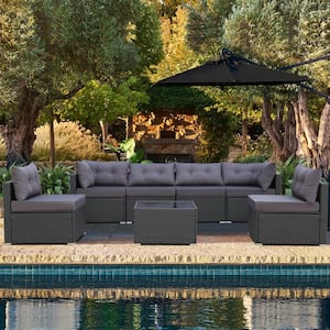 7-Piece Manual Weaving Rattan Wicker All-Weather Patio Conversation Set With Navy Cushion and Glass Coffee Table