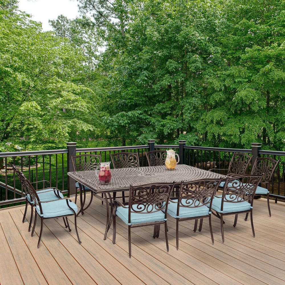 Hanover Traditions Elegant Bronze 11-Piece Outdoor Dining Set with Blue Cushions