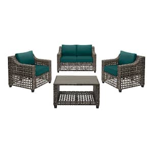 Briar Ridge 4-Piece Brown Wicker Outdoor Patio Conversation Deep Seating Set with CushionGuard Malachite Green Cushions