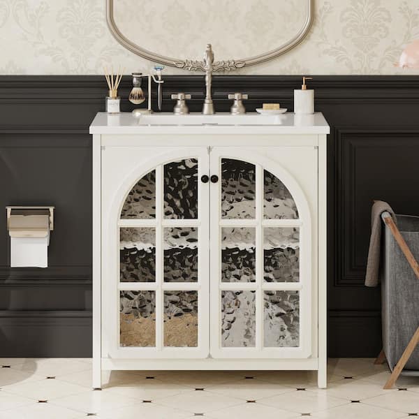 31 in. Vintage Farmhouse Bathroom Vanity with Ceramic Sink in Antique White