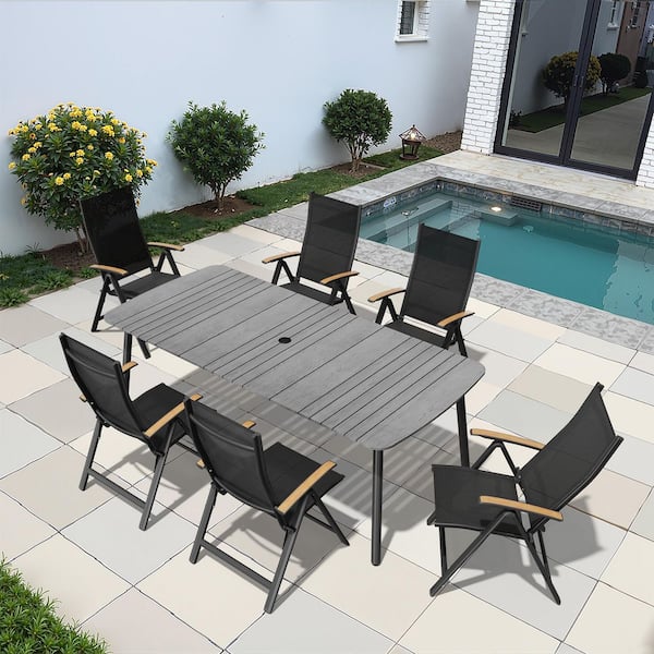 Pellebant Gray 7-Piece 81.5 in. Aluminum Wood-Like Patio Outdoor Dining Set, with Umbrella Hole Table and Folding Recline Chairs