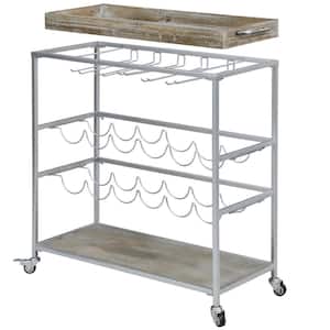 32.5 in. x 13 in. x 30 in. Rectangular Metal Silver Concord Farmhouse Removable Tray Bar Cart