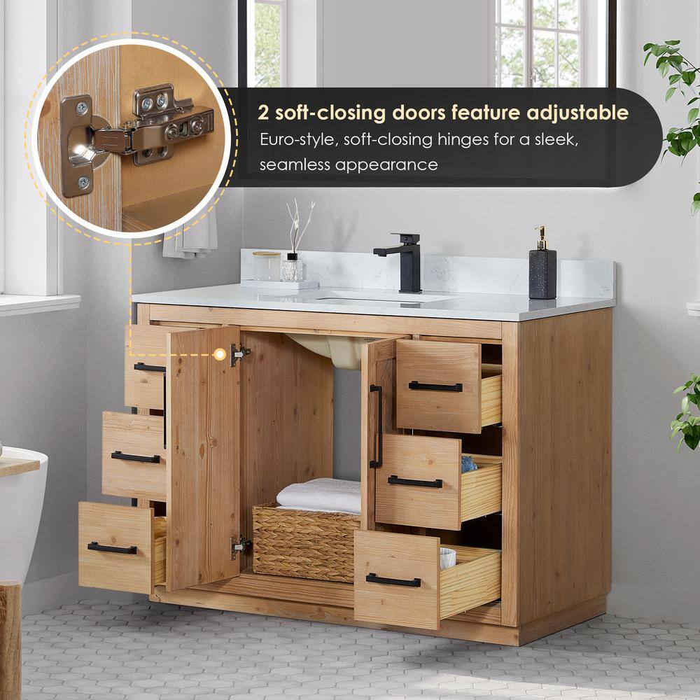 Anais 48" Light Brown Wood Vanity with White Stone Top and Mirror