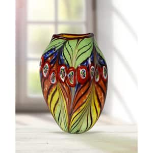 12 in. Multi-Colored Peacock Feather Hand Blown Art Glass Vase