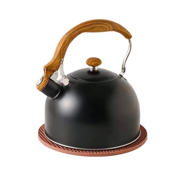 2.5 qt. 10-Cup Whistling Tea Kettle for Stove Top with Food Grade Stainless Steel and Wooden Folding Handle, Black
