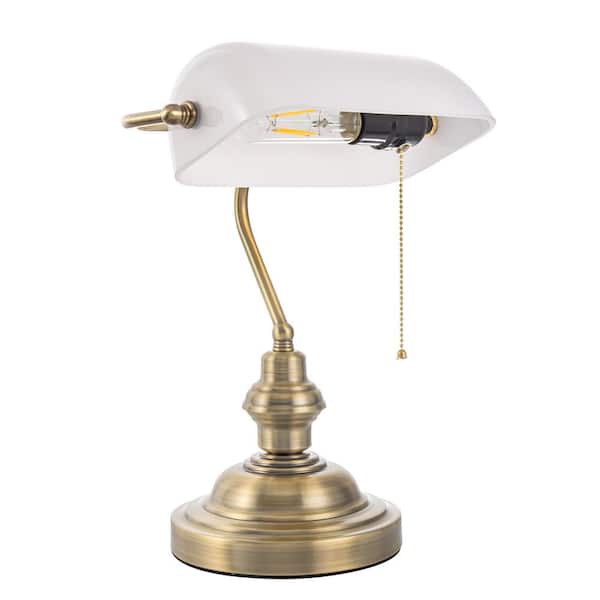YANSUN 14 in. Banker Task and Reading Elegant Gold Bedside Lamp with White Glass Shade, Desk Light with Pull Chain for Bedroom