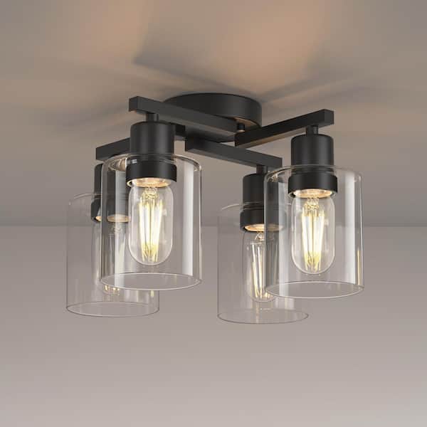 13 in. 4-Light Black Semi Flush Mount Ceiling Light, Clear Glass Shade Kitchen Lighting for Bedroom, Hallway, Foyer
