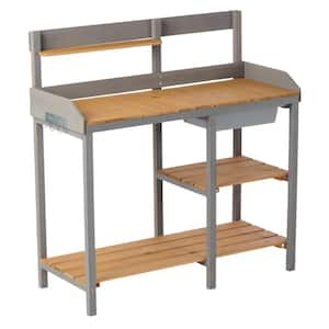 42 in. W x 43.5 in. H Gray Outdoor Potting Bench, Wooden Workstation Table with Cabinet for Backyard Garden Supplies