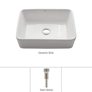 Rectangular Ceramic Vessel Bathroom Sink in White with Pop Up Drain in Satin Nickel