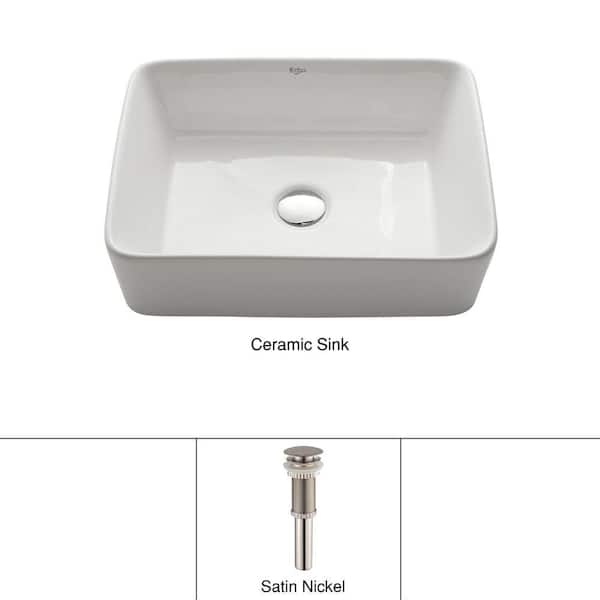 KRAUS Rectangular Ceramic Vessel Bathroom Sink in White with Pop Up Drain in Satin Nickel