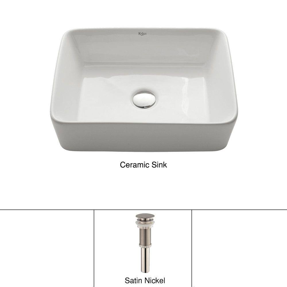 White Ceramic Rectangular Vessel Sink with Satin Nickel Drain