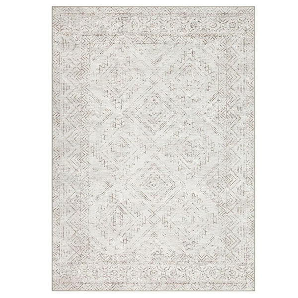 Off-White 10 ft. x 13 ft. Washable Vintage Distressed Bohemian Style Polyester Area Rug
