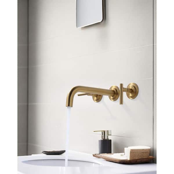 Double Handle Wall Mounted Bathroom Faucet in Solid Brass, Brused Gold
