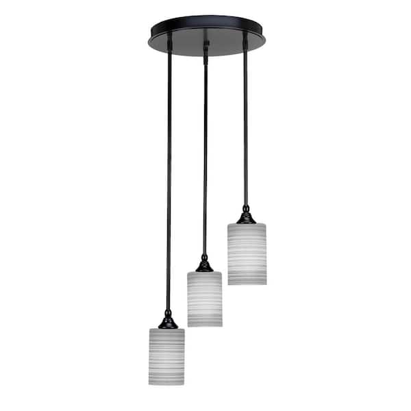 Unbranded Villa 60-Watt in. 3 Light Matte Black Stem Pendant Light with 4 in. Gray Matrix Glass Shade, No bulbs included