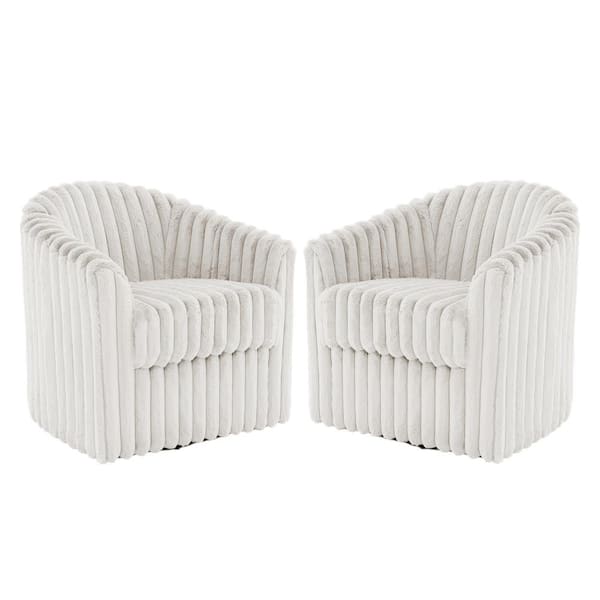 Uixe White Faux Rabbit Fur Polyester 360° Swivel Barrel Arm Chair With Metal Base (Set of 2)