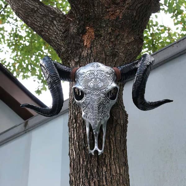 22.44 in. x 15.59 in. Silver Resin Bull Head Skull Wall Hanging
