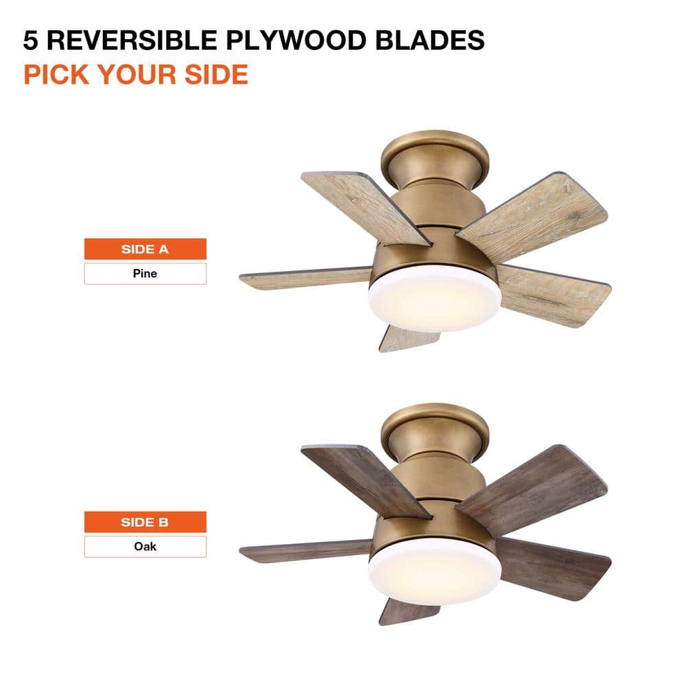 24" Brass Gold LED Flush Mount Ceiling Fan with Remote and Reversible Blades