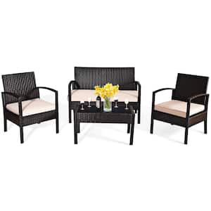 4-Piece Wicker Patio Conversation Set Outdoor Rattan Table and Chair with Beige Cushions