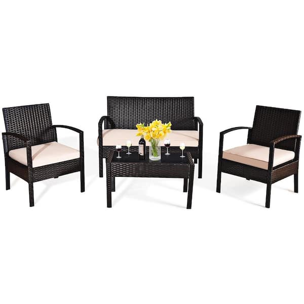 HONEY JOY 4-Piece Wicker Patio Conversation Set Outdoor Rattan Table and Chair with Beige Cushions