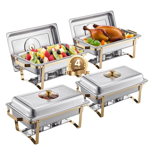 Chafing Dish Buffet Set, 8 qt. 4 Pack, Stainless Steel Chafer, 4 Full Size Pans, Rectangle, for Wedding Party Banquet