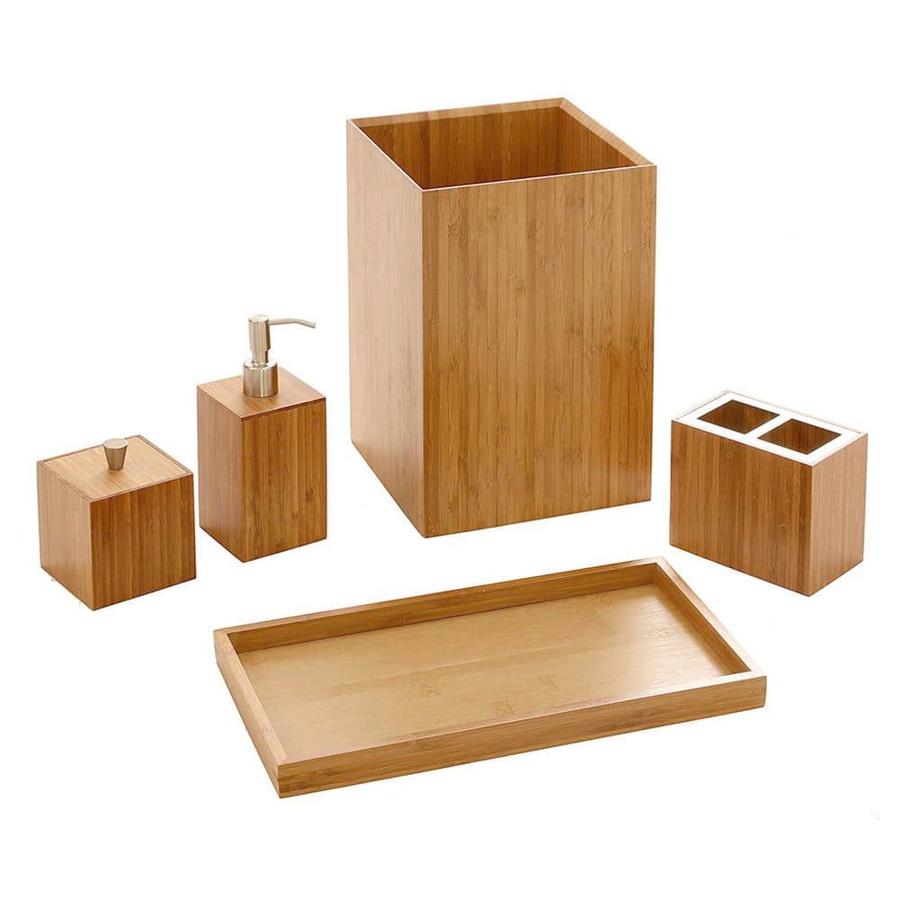 Rustic Bamboo and Stainless Steel 5-Piece Bathroom Set