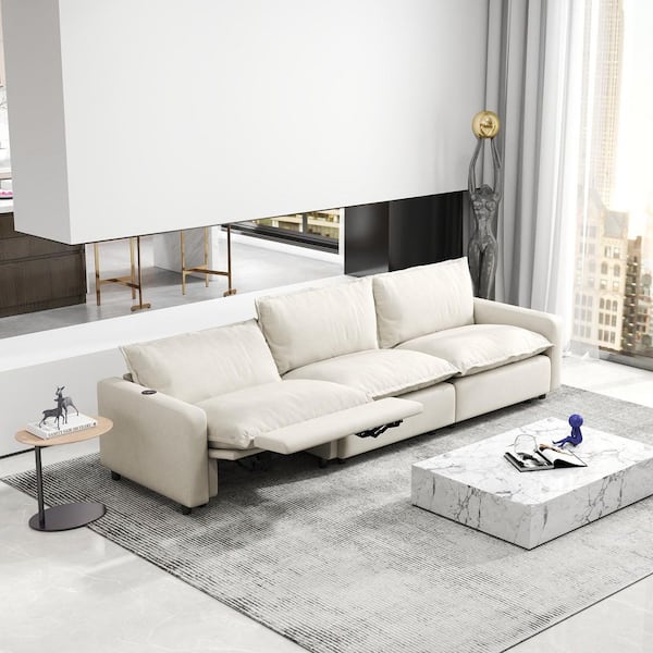 116.14 in. Square Arm 3-piece Linen Modular Electric Recliner Sectional Sofa with Heating Function in Beige