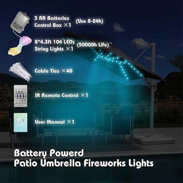 battery patio umbrella string lights Lights, 104 Bright LEDs 12 Modes USB Operated Cordless Umbrella Light, Remote Control Waterproof Outdoor Pole for Patio Umbrellas Camping Tents Warm White Overall Length Patio Umbrella LED Light
