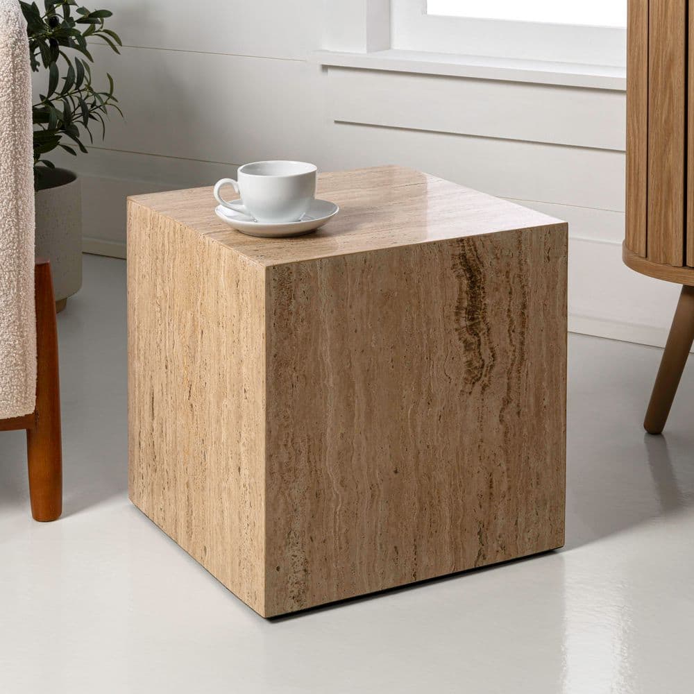 Felix 15 in. Contemporary Natural Marble Handmade Cube End Table, Travertine - thumbnail 2